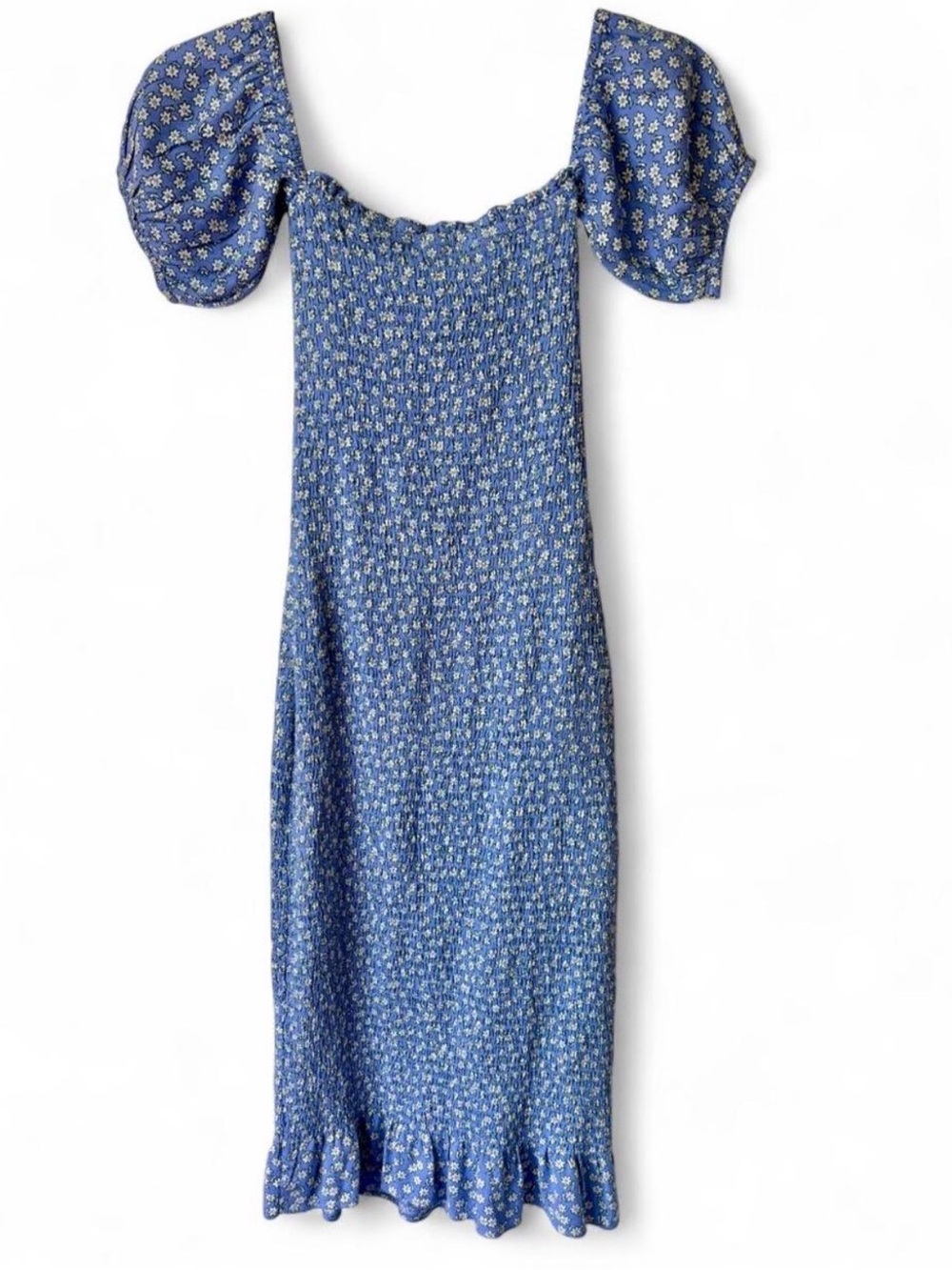 Abercrombie Blue Floral Smocked Midi Dress Puff Sleeve Size XS like new cottage